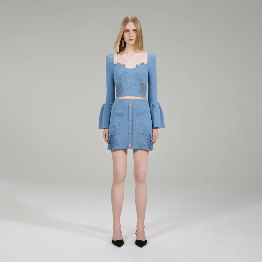 Self-portrait Pastel Blue Lace Insert Ribbed Knit Skirt NEW ARRIVALS