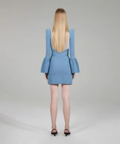 Self-portrait Pastel Blue Lace Insert Ribbed Knit Skirt NEW ARRIVALS