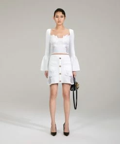 Self-portrait White Lace Insert Ribbed Knit Skirt