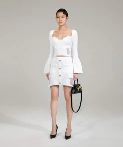 Self-portrait White Lace Insert Ribbed Knit Skirt