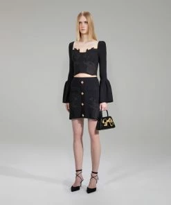 Self-portrait Black Lace Insert Ribbed Knit Skirt