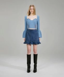 Self-portrait Pastel Blue Lace Insert Ribbed Knit Top NEW ARRIVALS