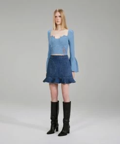 Self-portrait Pastel Blue Lace Insert Ribbed Knit Top NEW ARRIVALS