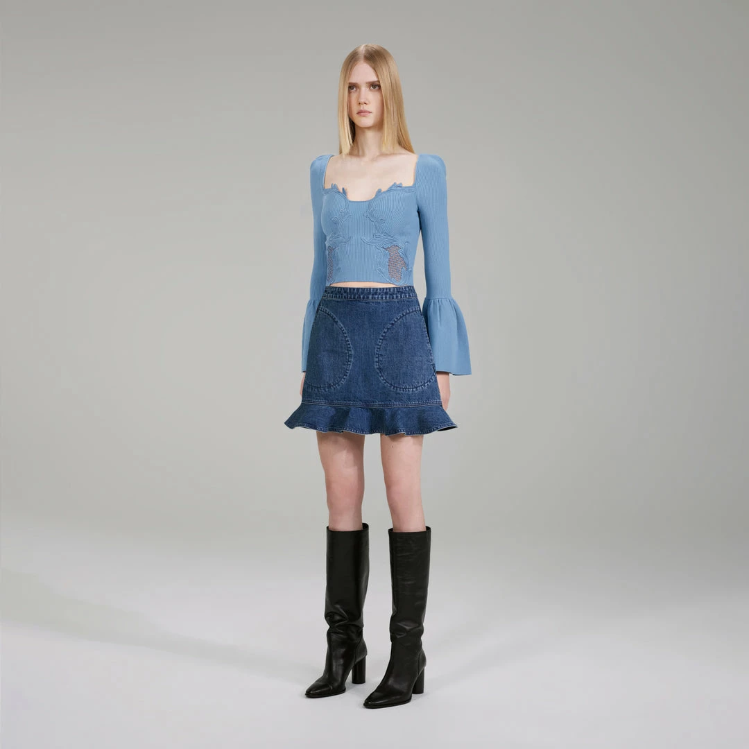 Self-portrait Pastel Blue Lace Insert Ribbed Knit Top NEW ARRIVALS