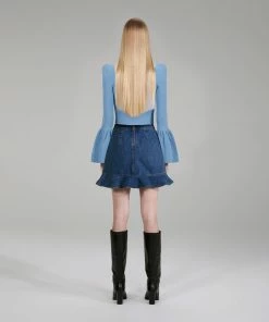 Self-portrait Pastel Blue Lace Insert Ribbed Knit Top NEW ARRIVALS