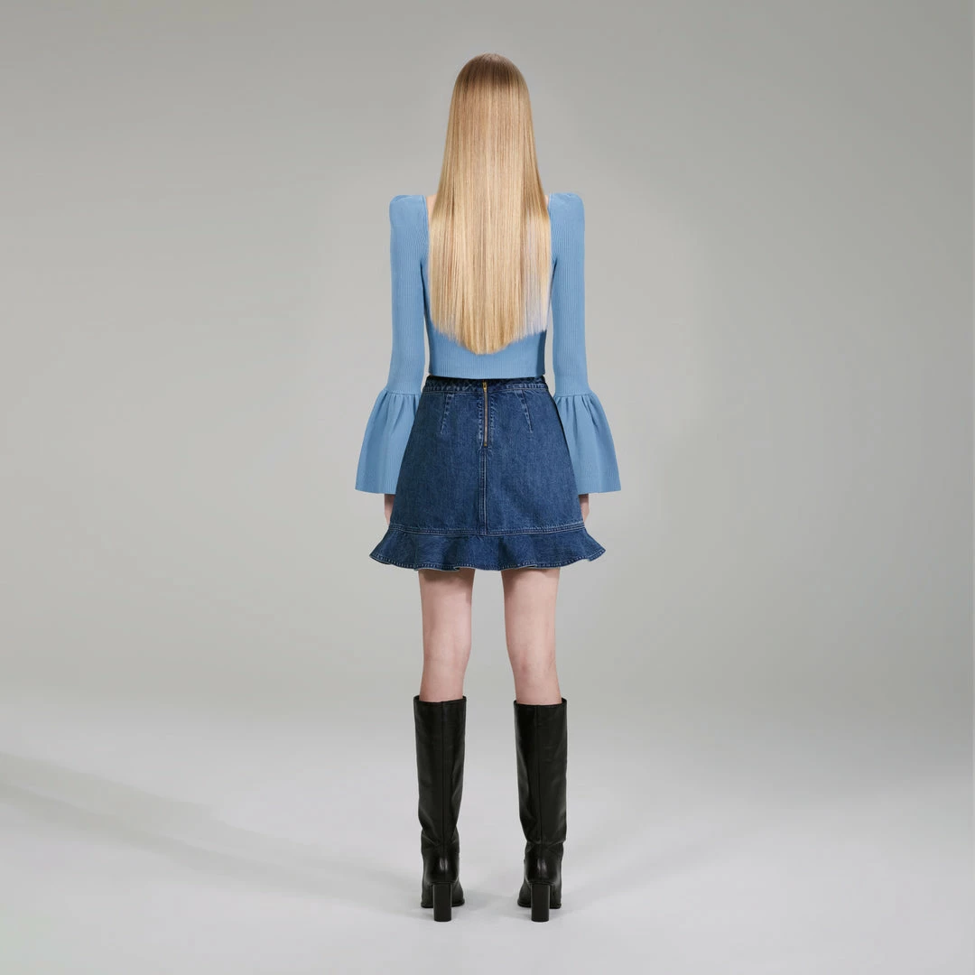 Self-portrait Pastel Blue Lace Insert Ribbed Knit Top NEW ARRIVALS