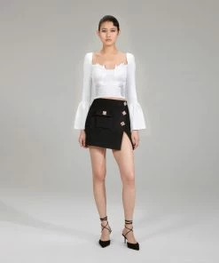 Self-portrait NEW ARRIVALS White Lace Insert Ribbed Knit Top