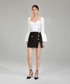 Self-portrait NEW ARRIVALS White Lace Insert Ribbed Knit Top