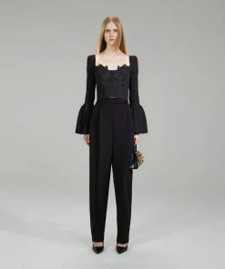 Self-portrait Black Lace Insert Ribbed Knit Top NEW ARRIVALS