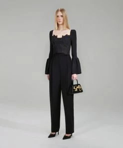 Self-portrait Black Lace Insert Ribbed Knit Top NEW ARRIVALS