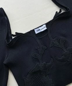 Self-portrait Black Lace Insert Ribbed Knit Top NEW ARRIVALS