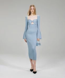Self-portrait Light Blue Lurex Knit Midi Dress NEW ARRIVALS