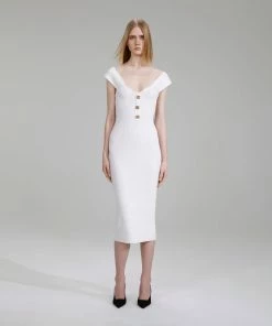 Self-portrait White Off Shoulder Ribbed Knit Midi Dress