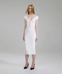 Self-portrait White Off Shoulder Ribbed Knit Midi Dress