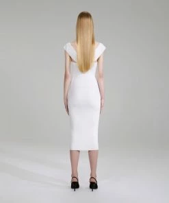 Self-portrait White Off Shoulder Ribbed Knit Midi Dress