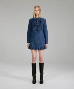 Self-portrait NEW ARRIVALS Dark Wash Denim Ruffle Dress