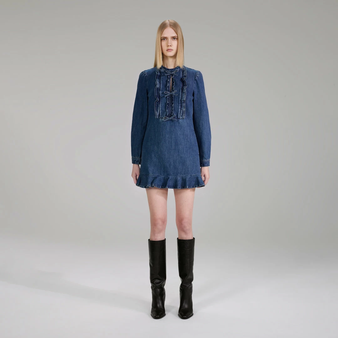 Self-portrait NEW ARRIVALS Dark Wash Denim Ruffle Dress