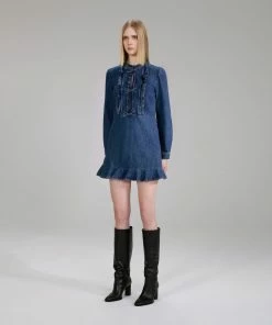 Self-portrait NEW ARRIVALS Dark Wash Denim Ruffle Dress