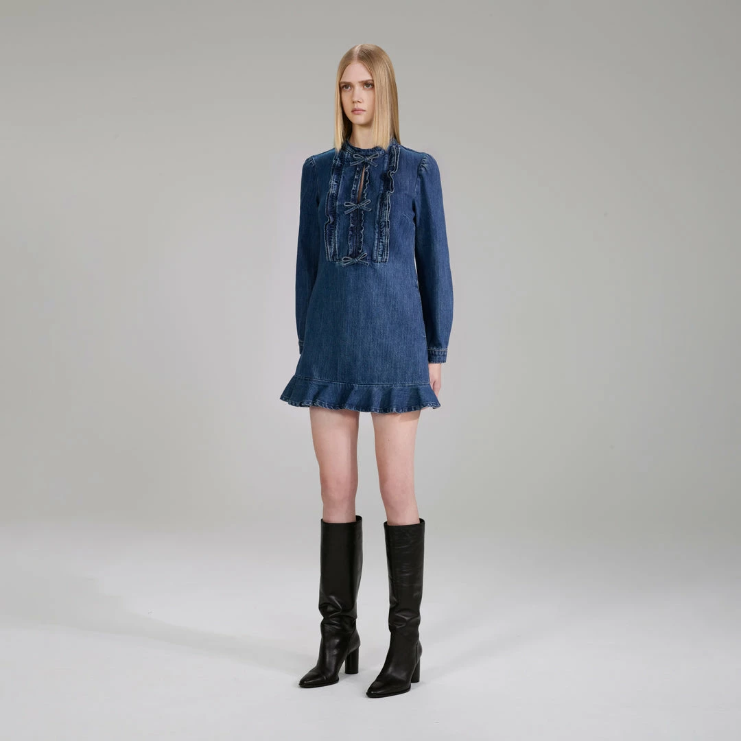 Self-portrait NEW ARRIVALS Dark Wash Denim Ruffle Dress