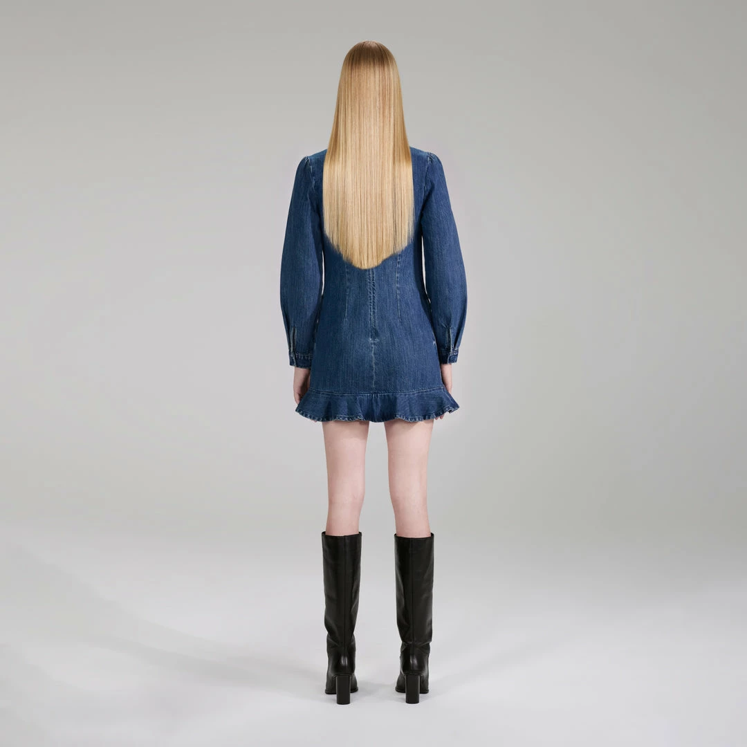 Self-portrait NEW ARRIVALS Dark Wash Denim Ruffle Dress