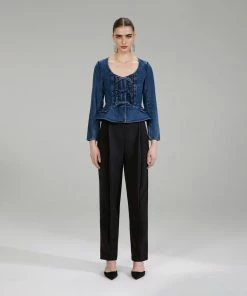 Self-portrait NEW ARRIVALS Dark Wash Denim Bow Top