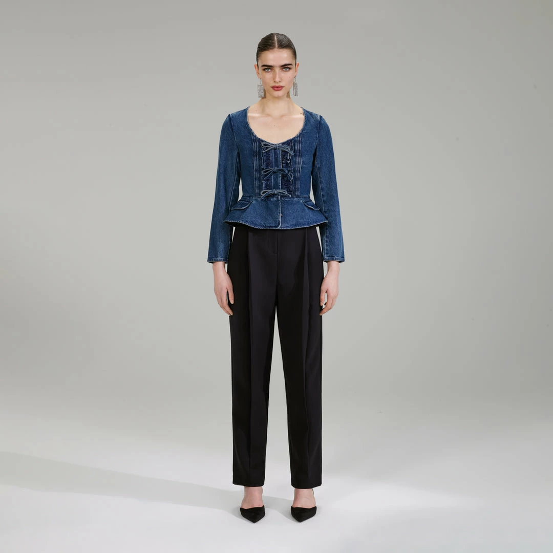 Self-portrait NEW ARRIVALS Dark Wash Denim Bow Top