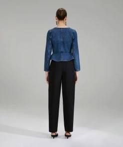 Self-portrait NEW ARRIVALS Dark Wash Denim Bow Top