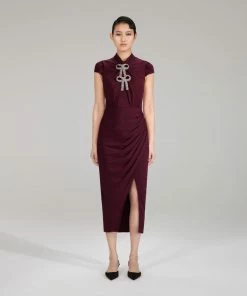 Self-portrait NEW ARRIVALS Burgundy Midi Stretch Crepe Dress