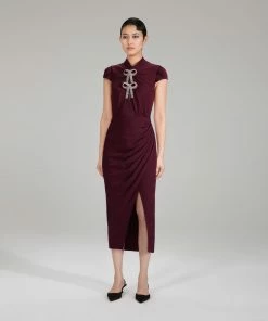 Self-portrait NEW ARRIVALS Burgundy Midi Stretch Crepe Dress
