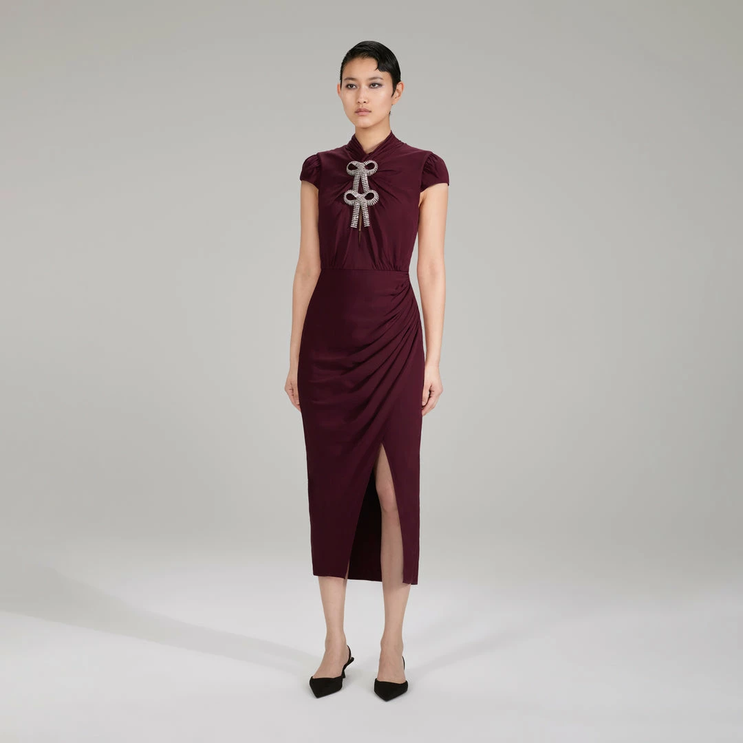 Self-portrait NEW ARRIVALS Burgundy Midi Stretch Crepe Dress