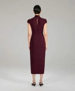 Self-portrait NEW ARRIVALS Burgundy Midi Stretch Crepe Dress