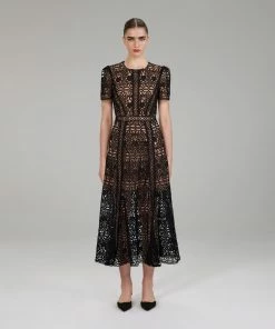 Self-portrait Black Guipure Lace Midi Dress
