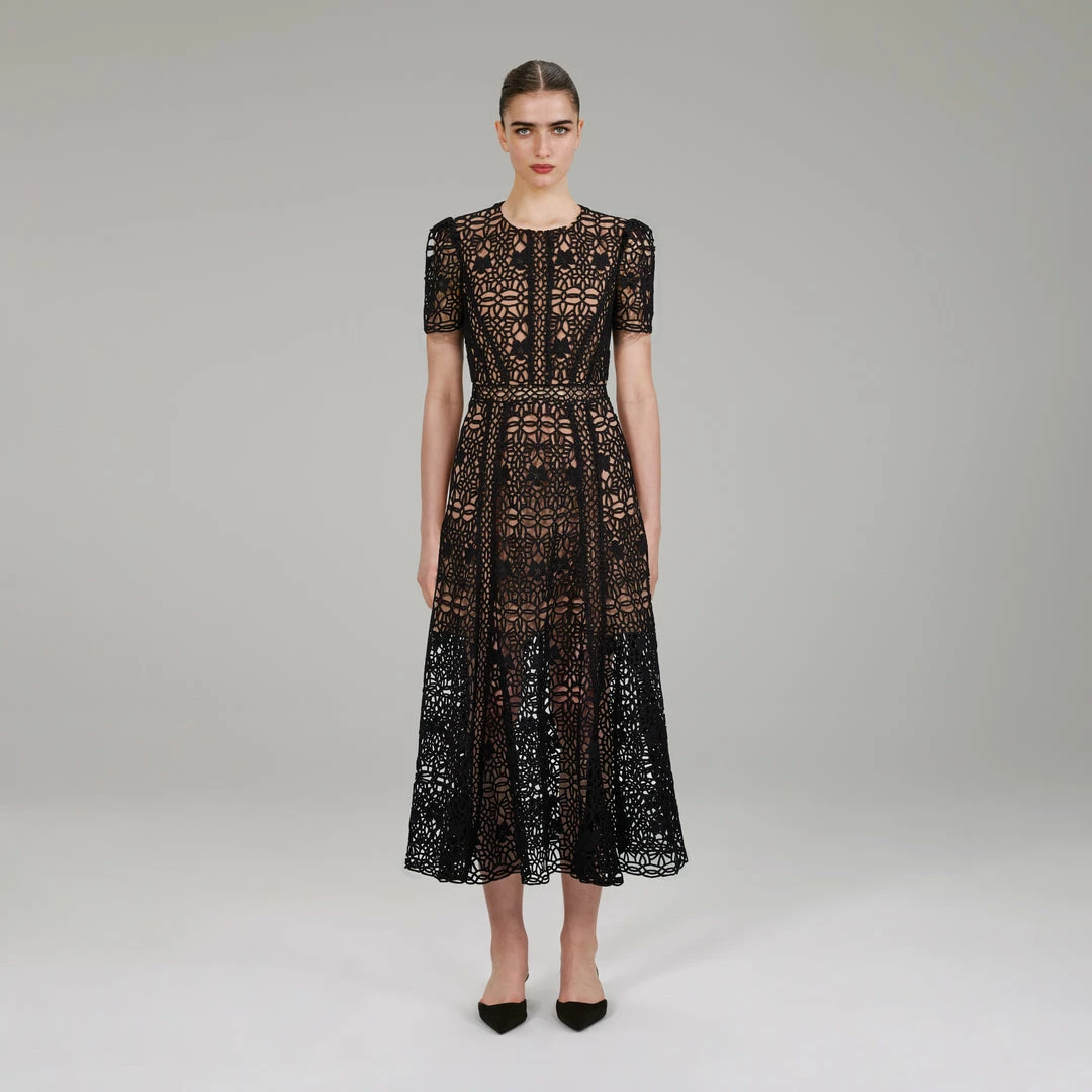 Self-portrait Black Guipure Lace Midi Dress