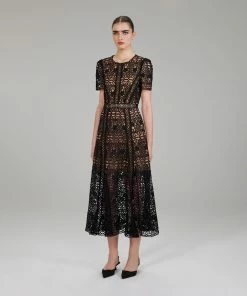 Self-portrait Black Guipure Lace Midi Dress