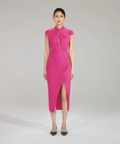 Self-portrait Pink Stretch Crepe Midi Ruched Dress