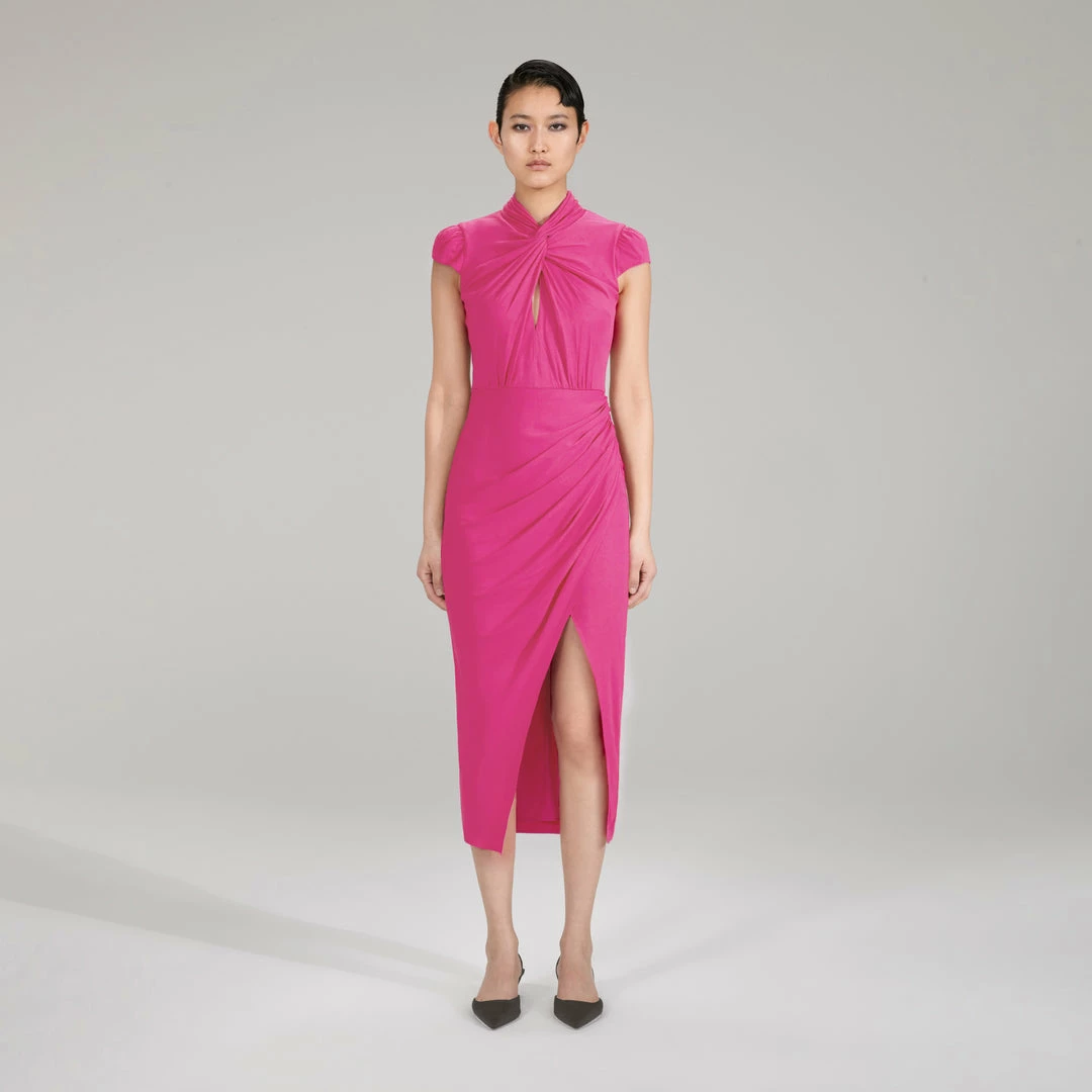 Self-portrait Pink Stretch Crepe Midi Ruched Dress