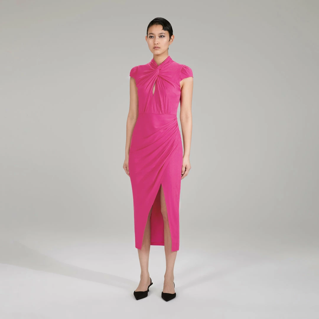 Self-portrait Pink Stretch Crepe Midi Ruched Dress