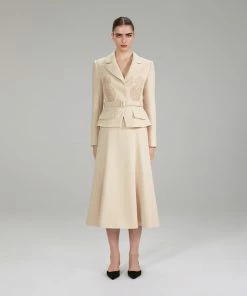 Self-portrait NEW ARRIVALS Tailored Crepe Lace Detail Midi Dress