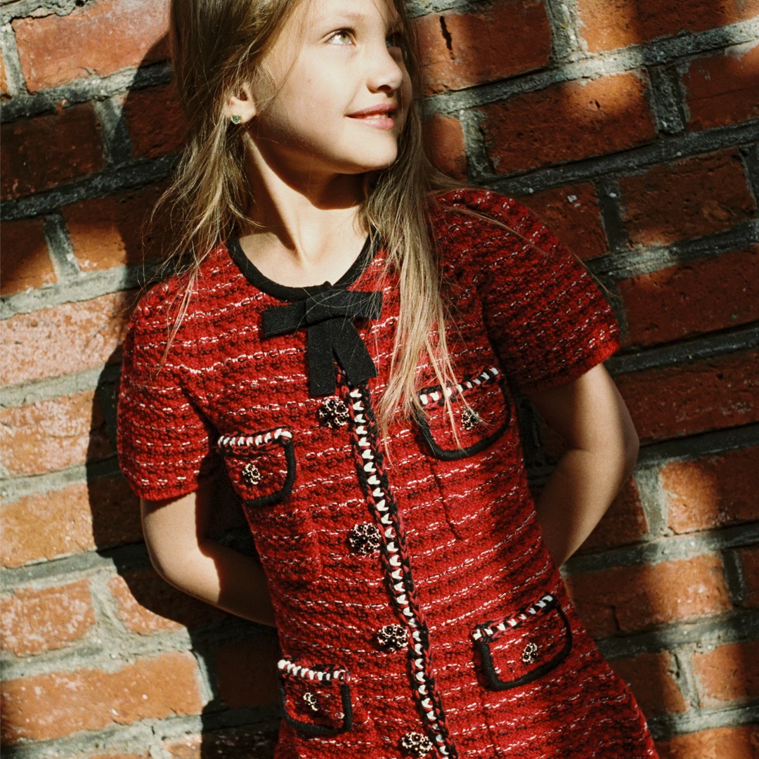 Self-portrait Red Melange Contrast Trim Knit Dress KIDS