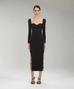 Self-portrait READY TO WEAR Black Knit Lace Midi Dress