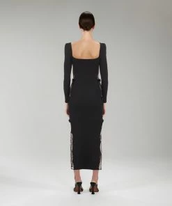 Self-portrait READY TO WEAR Black Knit Lace Midi Dress