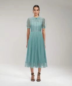 Self-portrait Sage Lace Trim Midi Dress READY TO WEAR