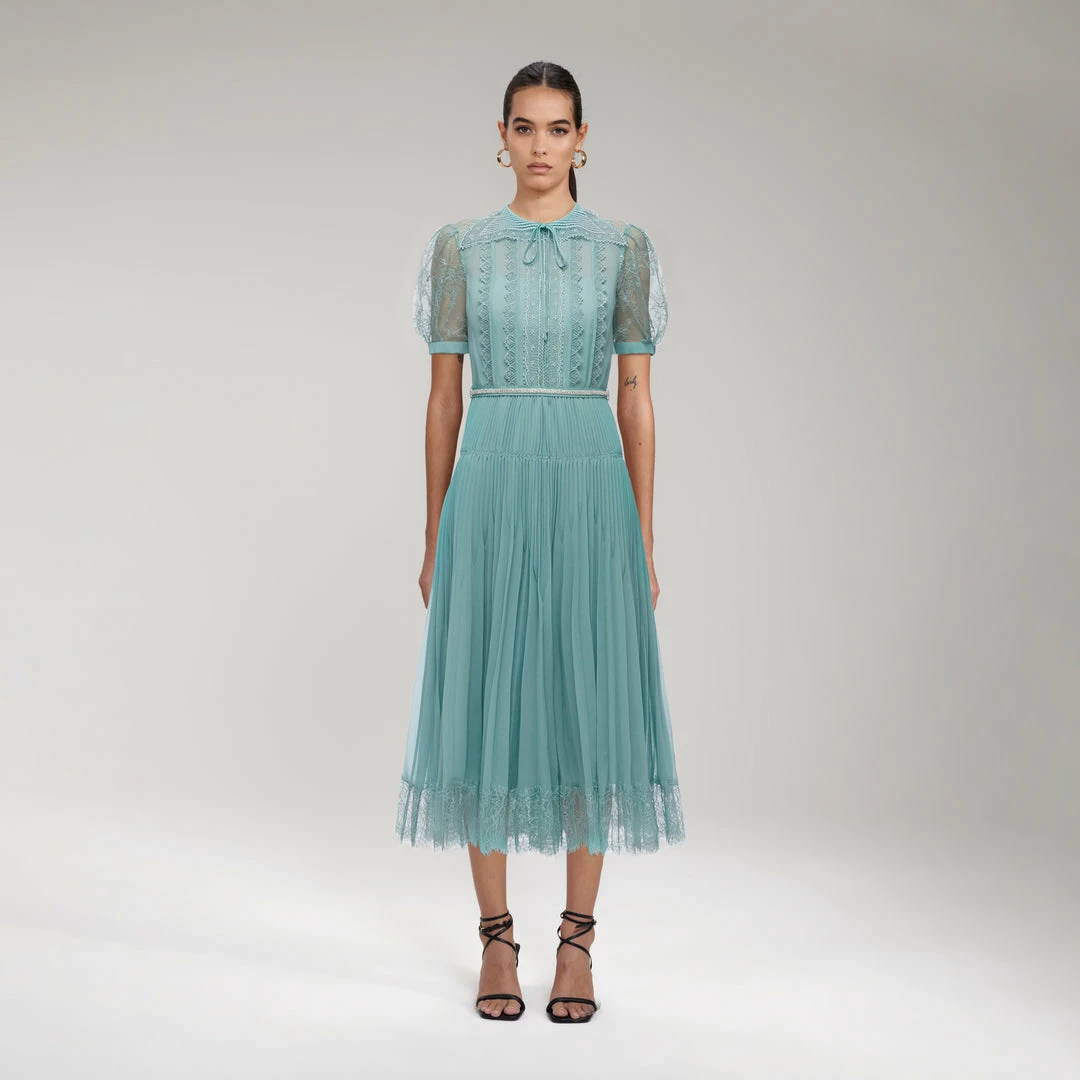Self-portrait Sage Lace Trim Midi Dress READY TO WEAR
