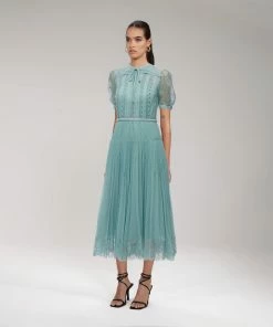 Self-portrait Sage Lace Trim Midi Dress READY TO WEAR