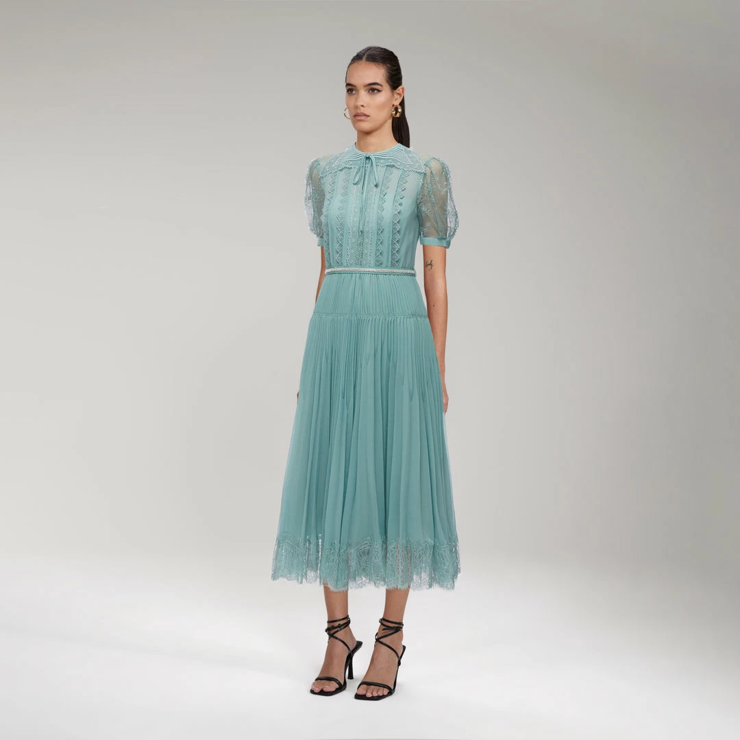 Self-portrait Sage Lace Trim Midi Dress READY TO WEAR