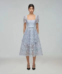 Self-portrait Powder Blue Guipure Lace Midi Dress