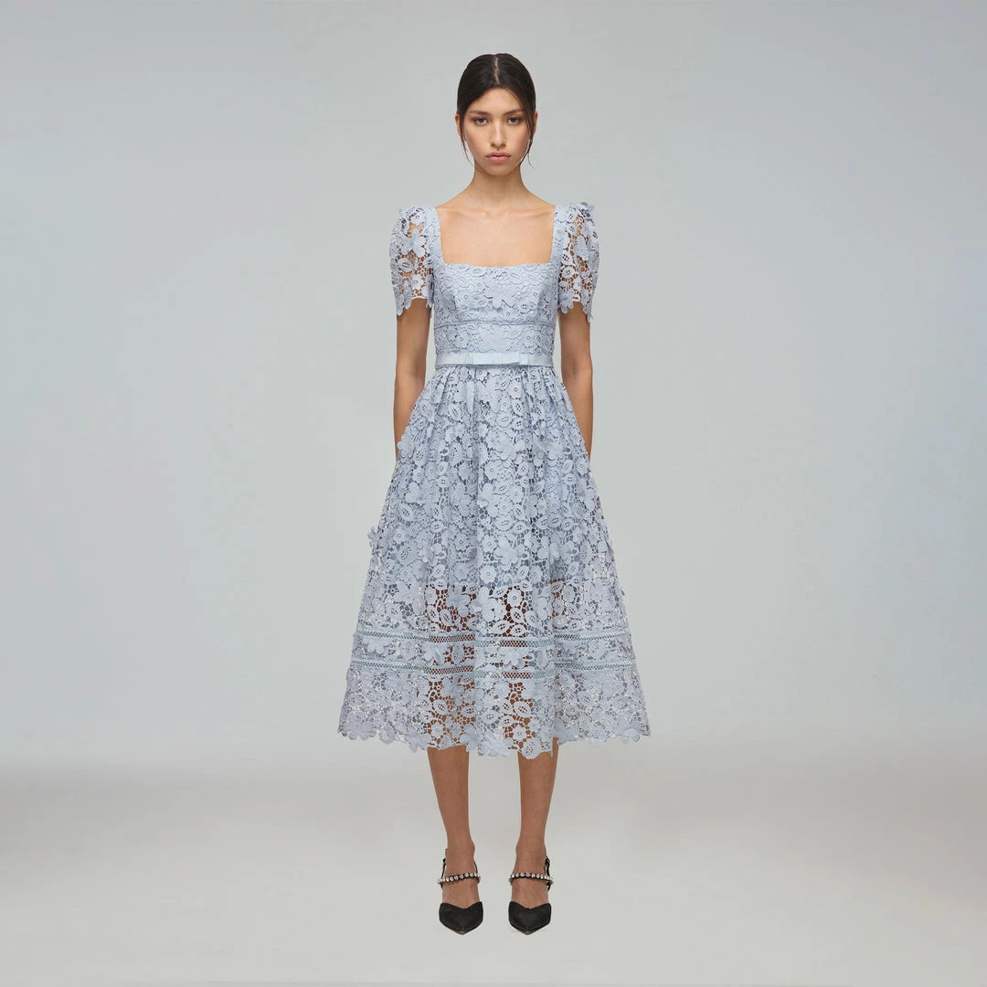 Self-portrait Powder Blue Guipure Lace Midi Dress