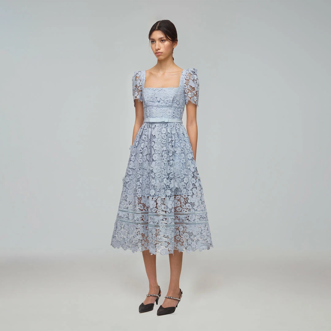 Self-portrait Powder Blue Guipure Lace Midi Dress