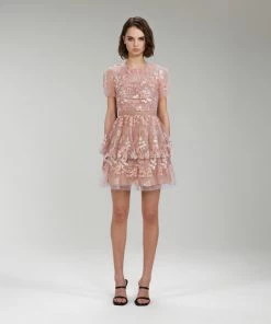 Self-portrait Flower Mesh Tiered Mini Dress
