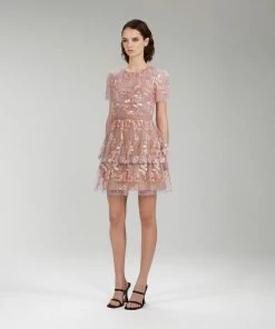 Self-portrait Flower Mesh Tiered Mini Dress